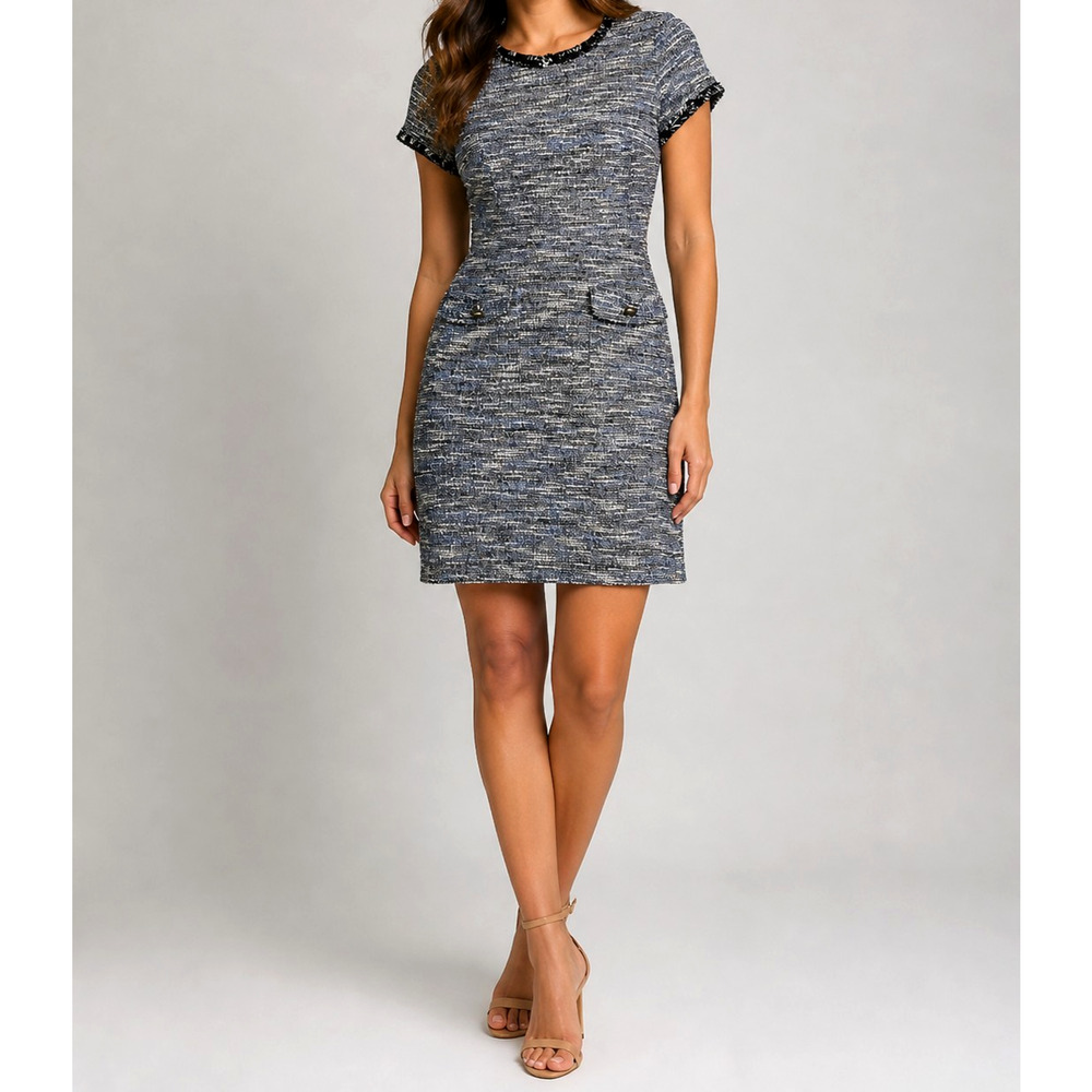 Ann Taylor Sheath Boulce Tweed Dress Gray Blue Womens 6 Quite Luxury Preppy